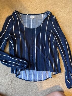 love, Fire Navy and White Vertical Stripe Button-Front Blouse